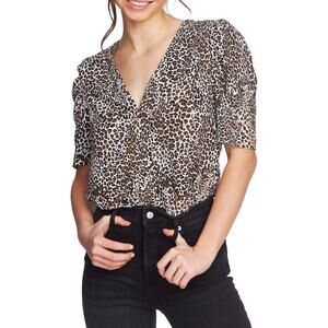 1. State Animal Print Blouse Sz XS V-Neck Puff Short Sleeve Button Front Top